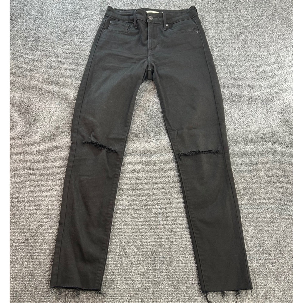 Levi's 721 High Rise Skinny Jeans Women 25 Black Distressed Raw Hem Ripped Knee